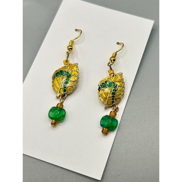Vintage Enamel Caterpillar on Golden Leaf Dangle Earrings with Bead Accents - Picture 6 of 7